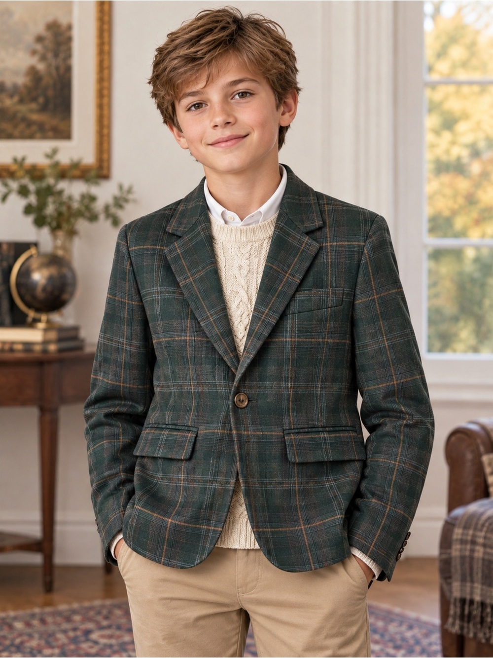 Murano Blazer Boys' Green Plaid Slim Fit Size 10/12 NWT